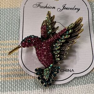 3/$18 Fashion Jewelry Pink and Teal Hummingbird Crystal Brooch Lot 6003